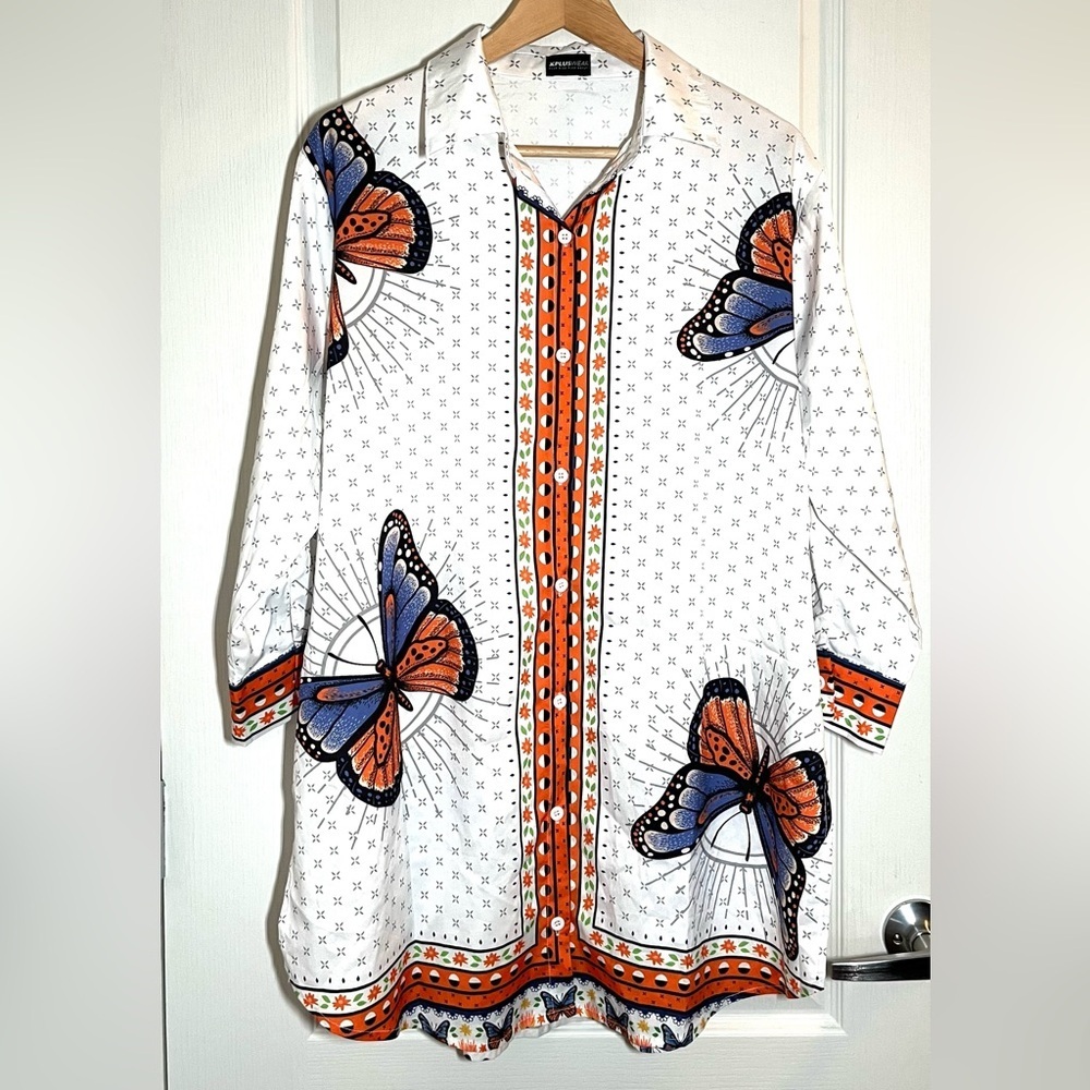 Pluswear Orange Blue Butterfly Print Collared Button-Down Shirt Vintage inspired